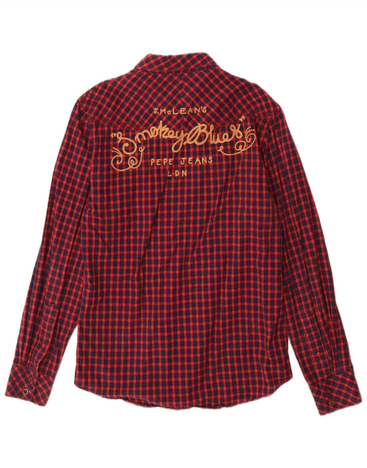 PEPE Jeans Camisa masculina de flanela gráfica pequena vermelha algodão guingão