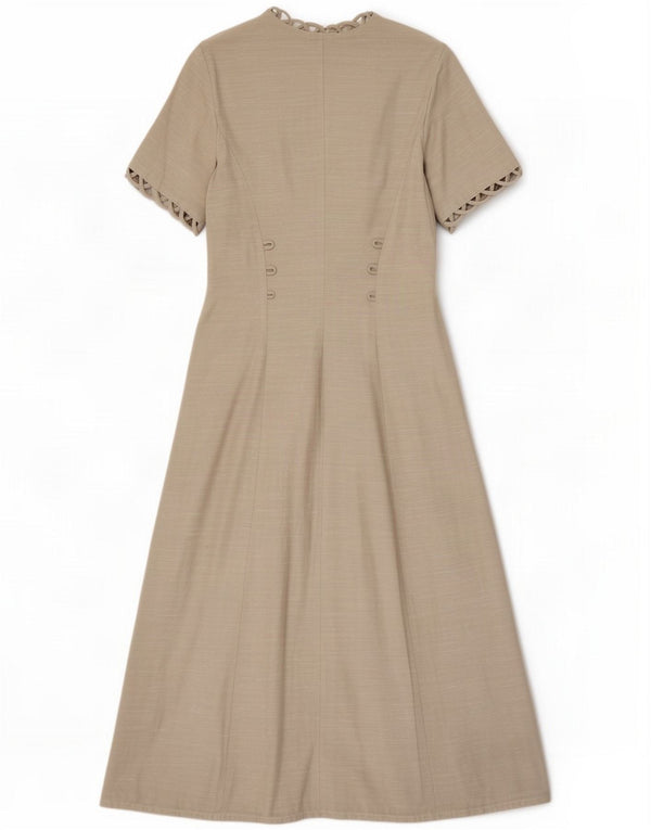 Vintage feminino manga curta maxi vestido UK 12 cinza médio