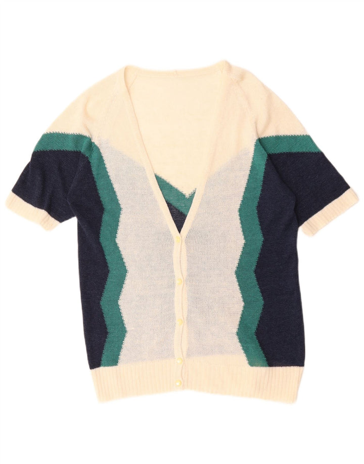 Suéter cardigã feminino vintage UK 12 médio off white colorblock