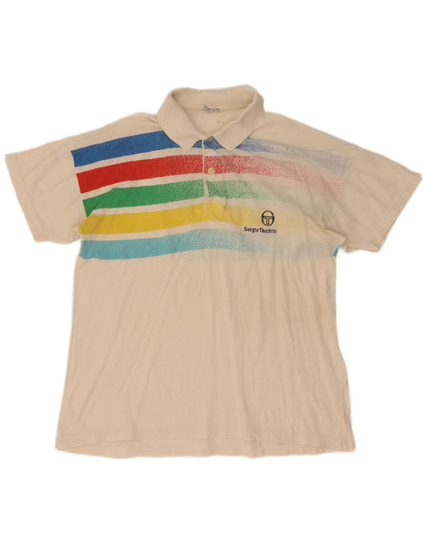 Camisa polo masculina Sergio Tacchini IT 52 grande algodão listrado branco