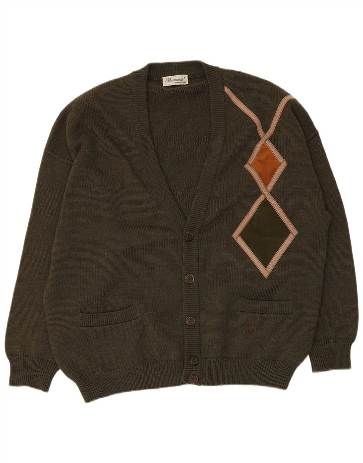 Suéter cardigã masculino Bramante grande cáqui argyle/lã virgem diamante