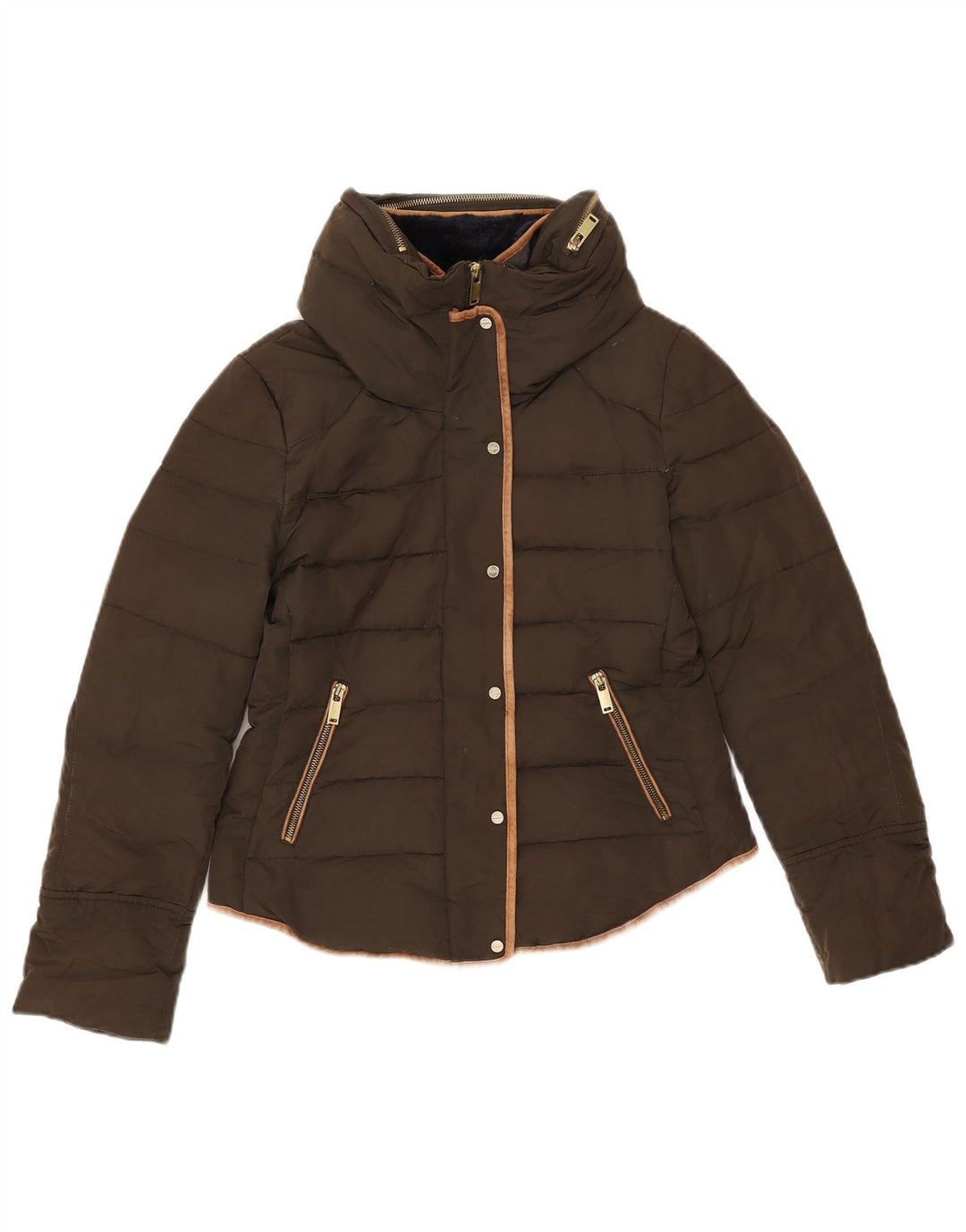 Jaqueta acolchoada com capuz feminina Zara UK 14 médio cáqui