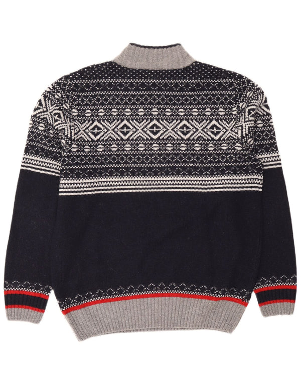 Suéter masculino vintage com zíper e gola XL azul marinho Fair Isle poliacrílico