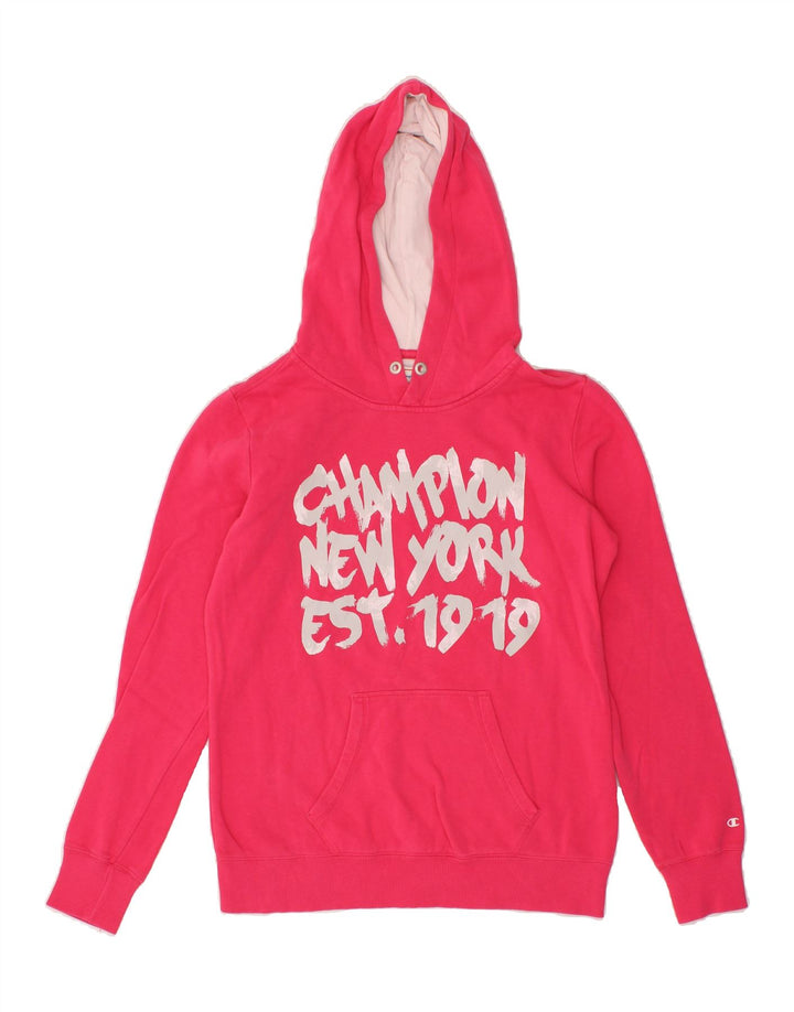 CHAMPION Womens Graphic Hoodie Jumper UK 12 Medium Pink Cotton Vintage Champion and Second-Hand Champion from Messina Hembry 