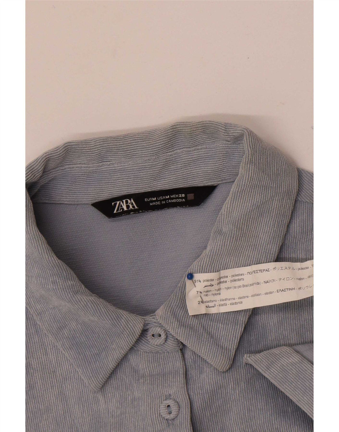 Zara Camisa feminina de veludo cotelê UK 14 poliéster azul médio