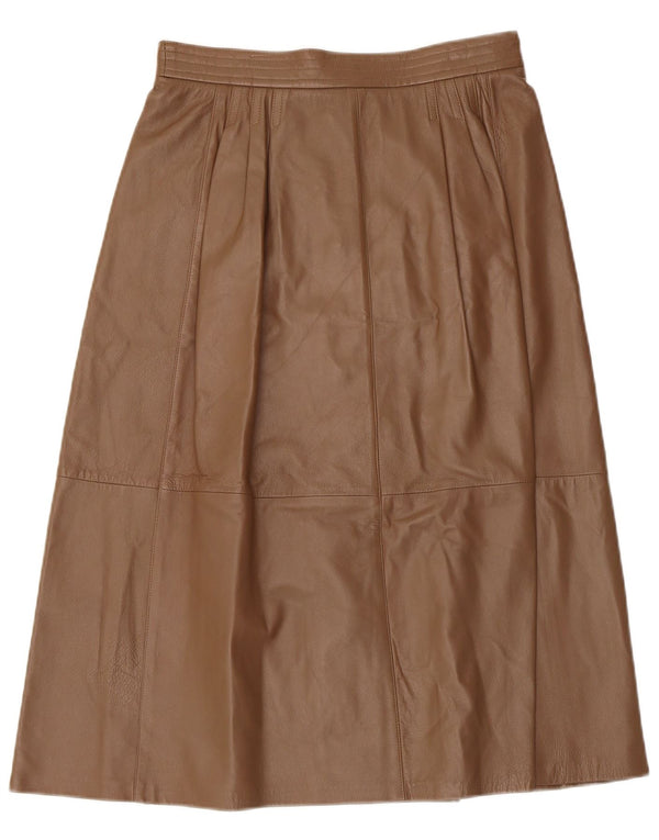 Saia feminina vintage de couro plissado Reino Unido 12 médio W30 couro marrom