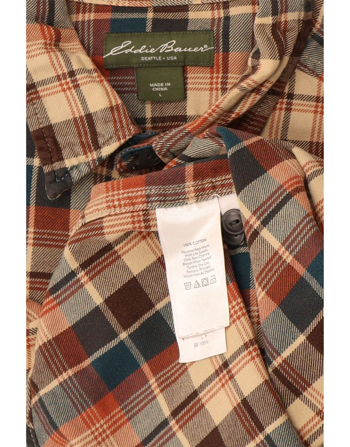 Camisa masculina de flanela Eddie Bauer grande algodão xadrez bege