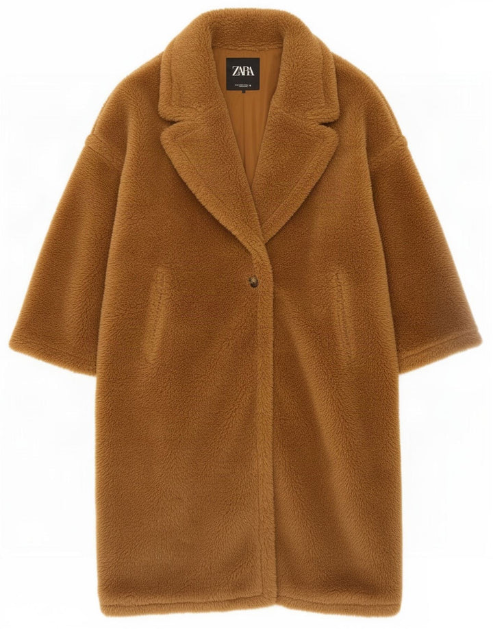 Sobretudo feminino Zara Teddy Bear Oversized Reino Unido 14 poliéster marrom médio