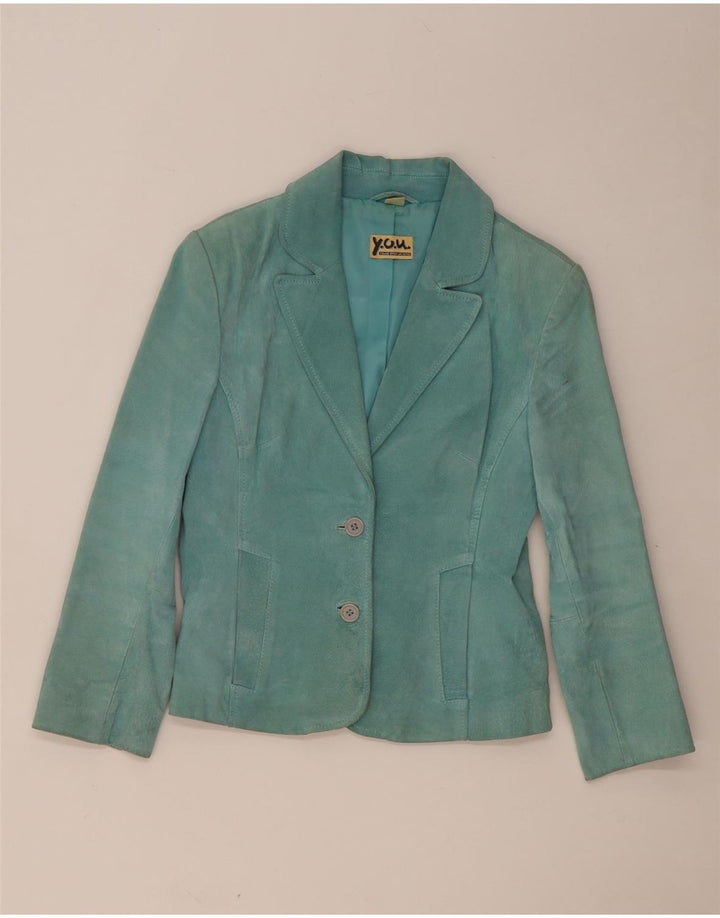 Jaqueta blazer feminina vintage de camurça com 2 botões Reino Unido 10 couro turquesa pequeno