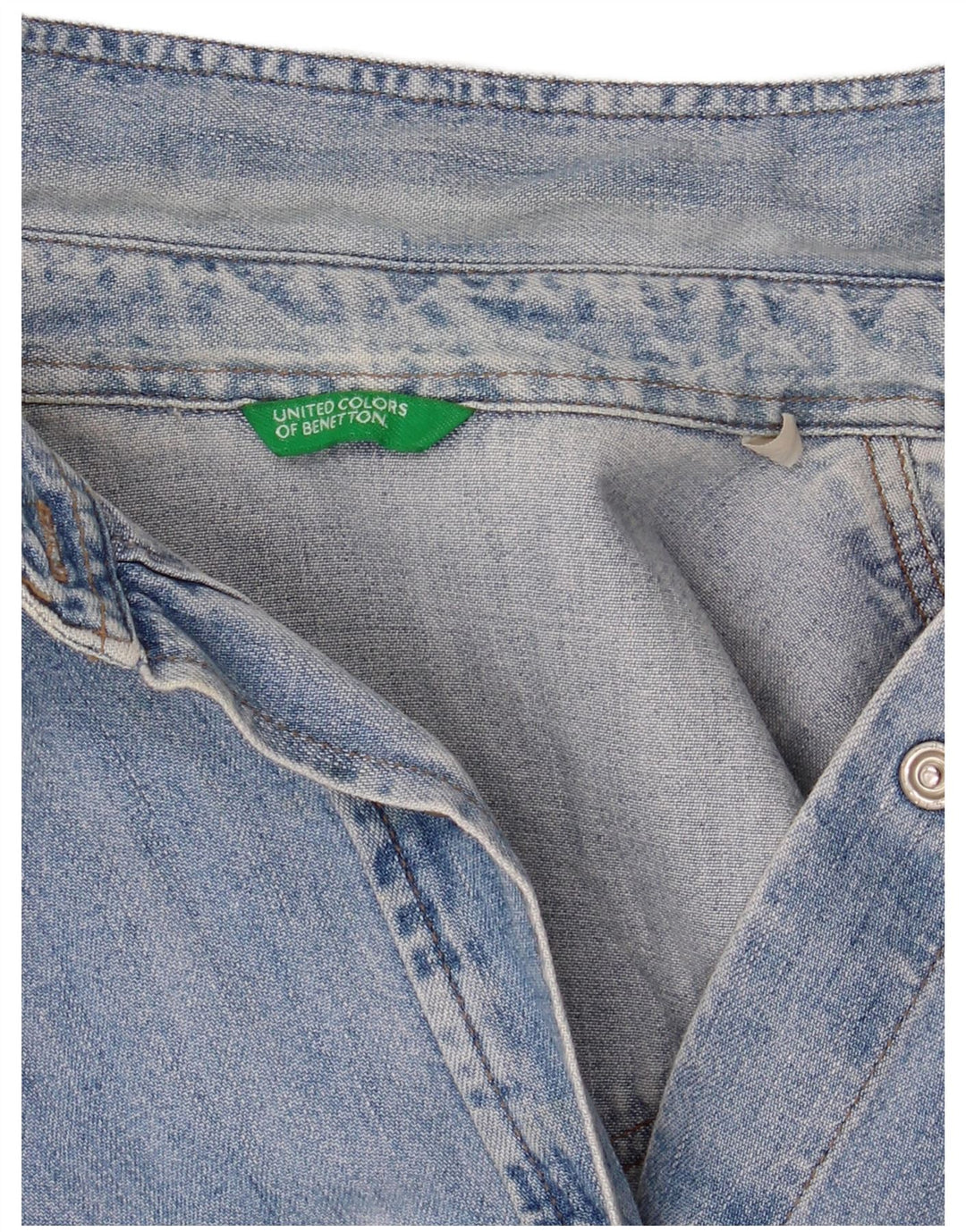 Camisa jeans feminina BENETTON Reino Unido 14 algodão azul médio