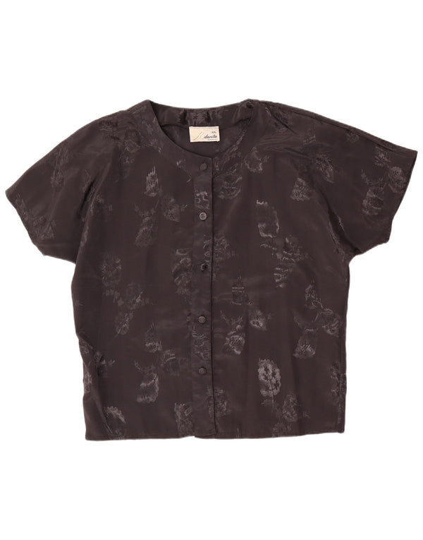 Blusa feminina vintage de manga curta UK 20 2XL poliéster floral preto