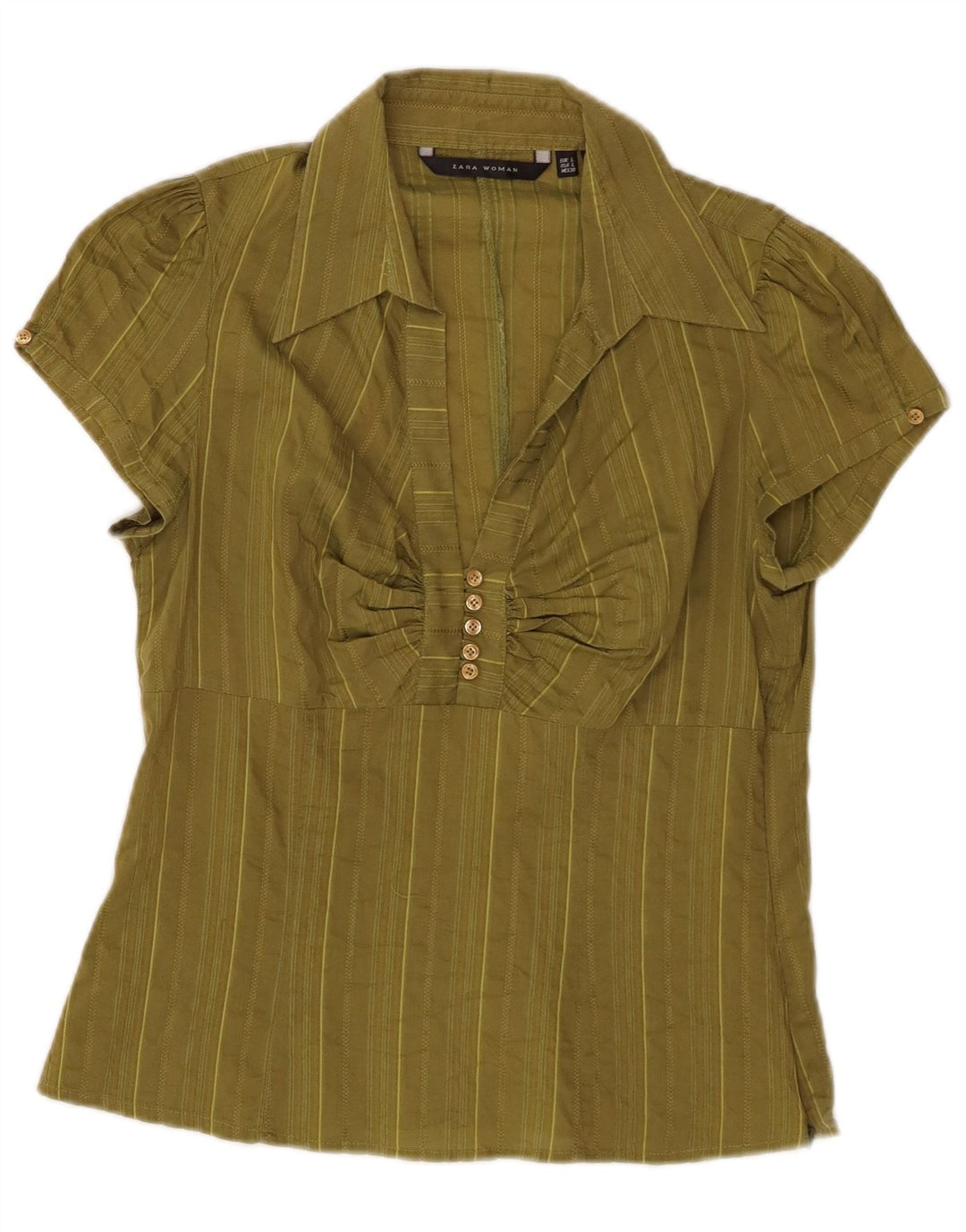 Pulôver feminino de manga curta ZARA Reino Unido 14 grande algodão listrado cáqui