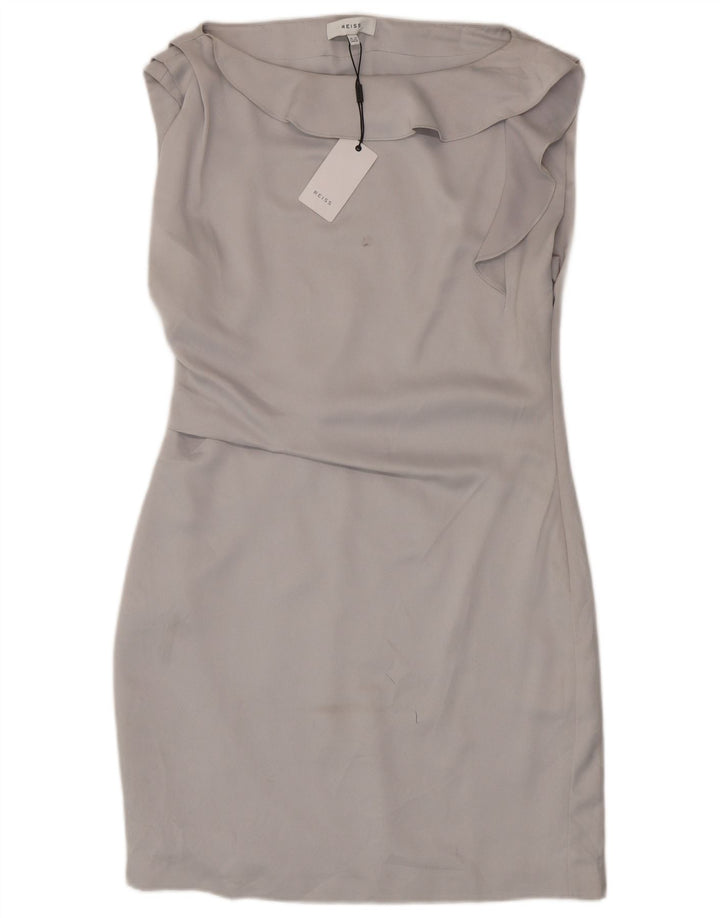 Vestido feminino Reiss sem mangas com bainha UK 12 poliéster cinza médio