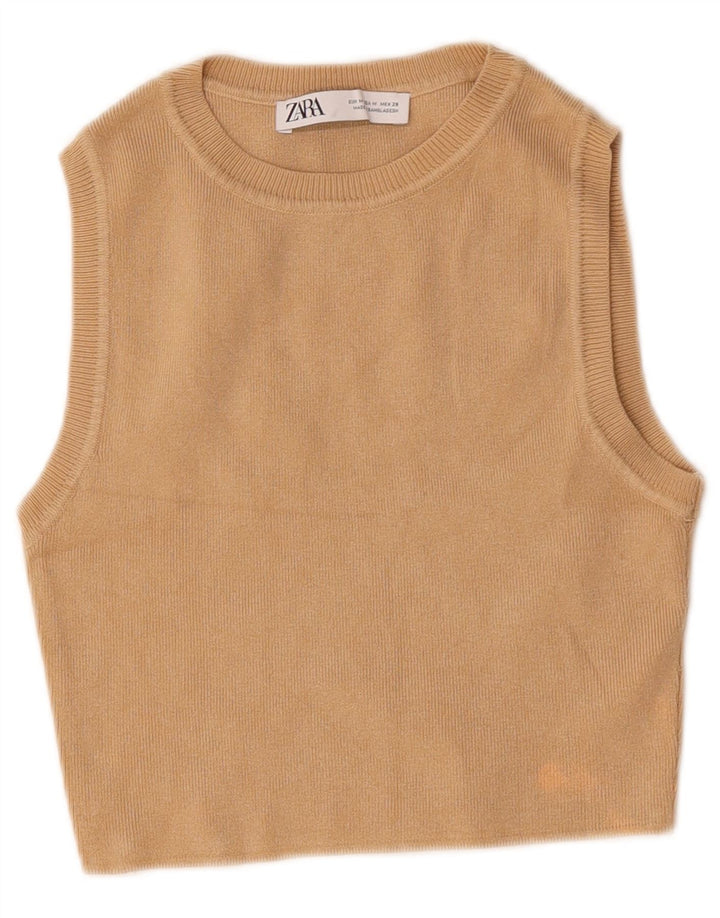 Zara Womens Crop Vest Top UK 12 Médio Bege Viscose