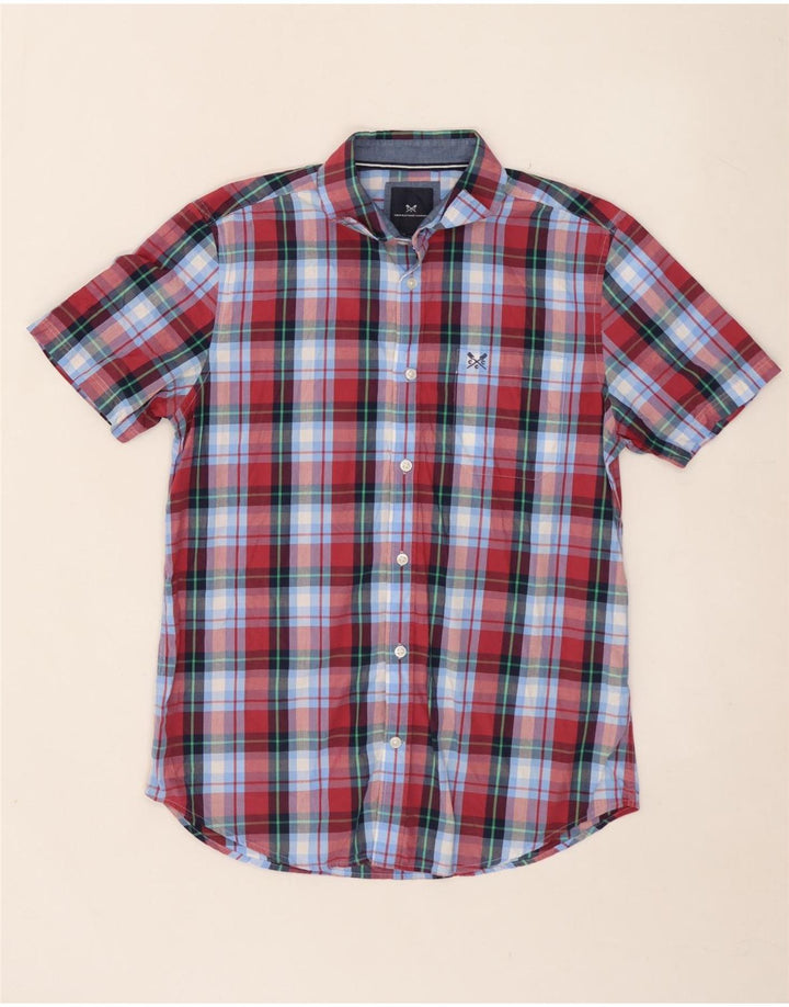 CREW CLOTHING Camisa masculina de manga curta de algodão xadrez azul médio
