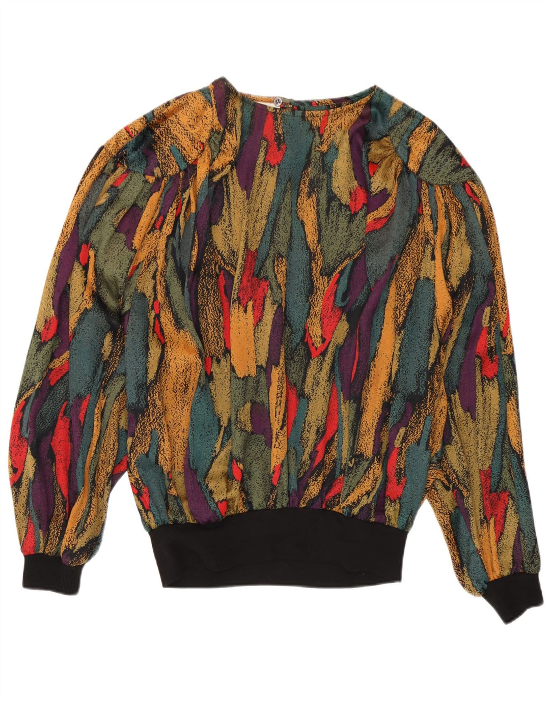 Blusa feminina vintage com padrão abstrato UK 14 grande multicolorida