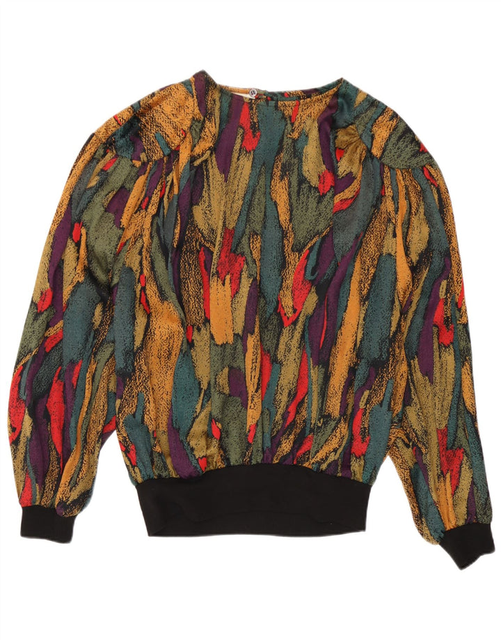 Blusa feminina vintage com padrão abstrato UK 14 grande multicolorida