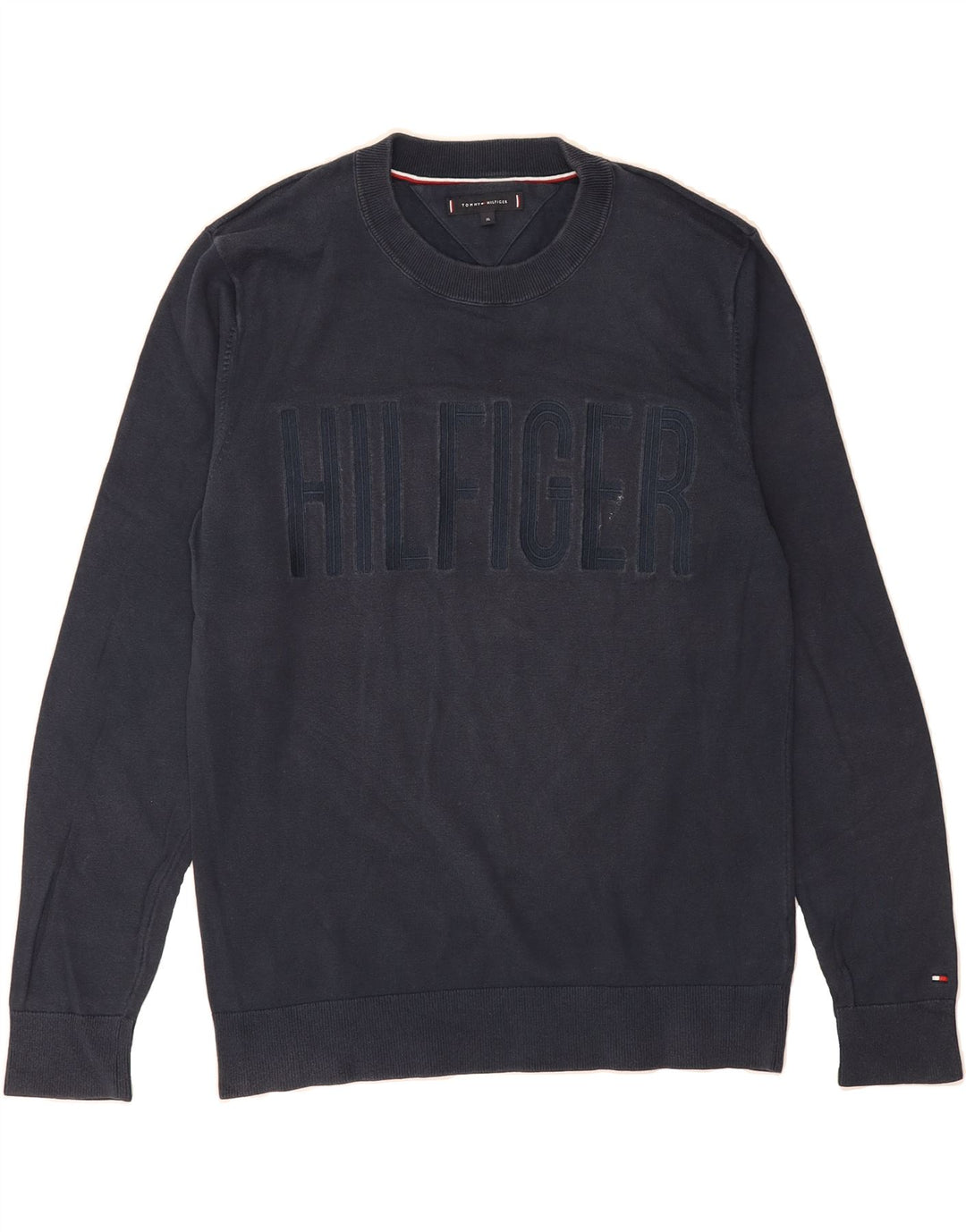 TOMMY HILFIGER Mens Graphic Crew Neck Jumper Sweater XL Navy Blue Cotton Vintage Tommy Hilfiger and Second-Hand Tommy Hilfiger from Messina Hembry 