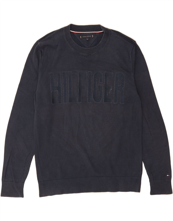 TOMMY HILFIGER Mens Graphic Crew Neck Jumper Sweater XL Navy Blue Cotton Vintage Tommy Hilfiger and Second-Hand Tommy Hilfiger from Messina Hembry 