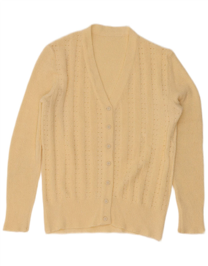 Suéter cardigã feminino vintage Reino Unido 12 amarelo médio