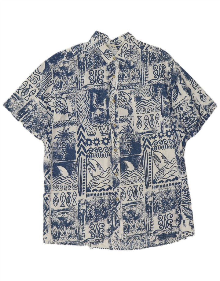 Camisa masculina de manga curta Mauritius grande azul patchwork algodão havaiano