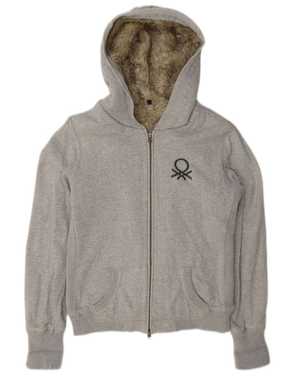 Suéter feminino com capuz Sherpa Zip Benetton Reino Unido 16 grande algodão manchado cinza