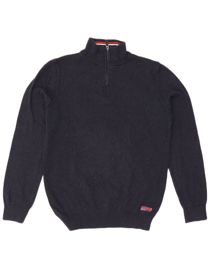Suéter masculino Superdry com zíper e gola grande de algodão azul marinho