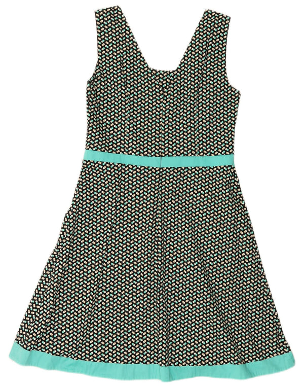 Vestido feminino vintage sem mangas evasê UK 12 verde médio manchado
