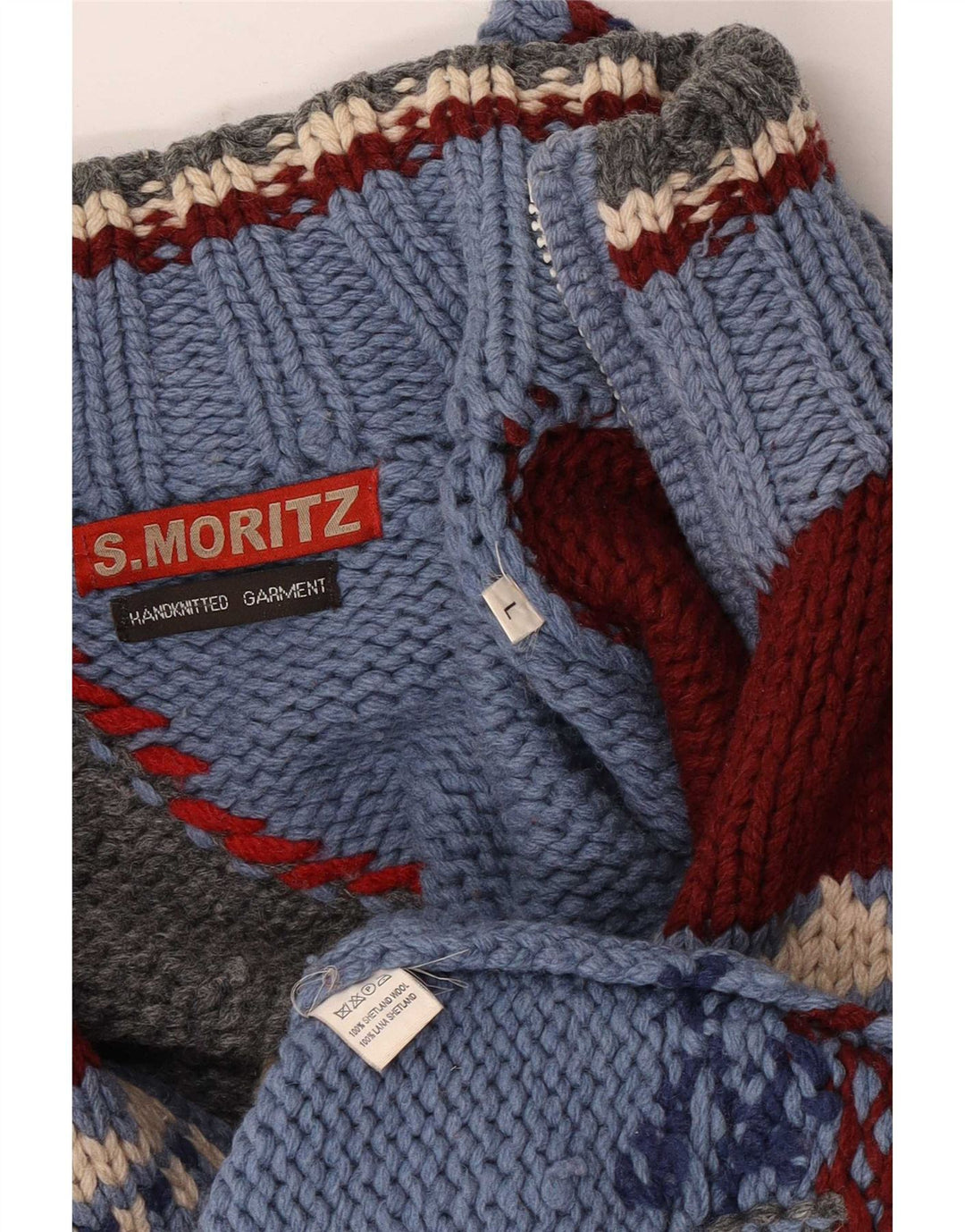 Suéter cardigã masculino feito à mão S.Moritz grande novidade de lã geométrica azul