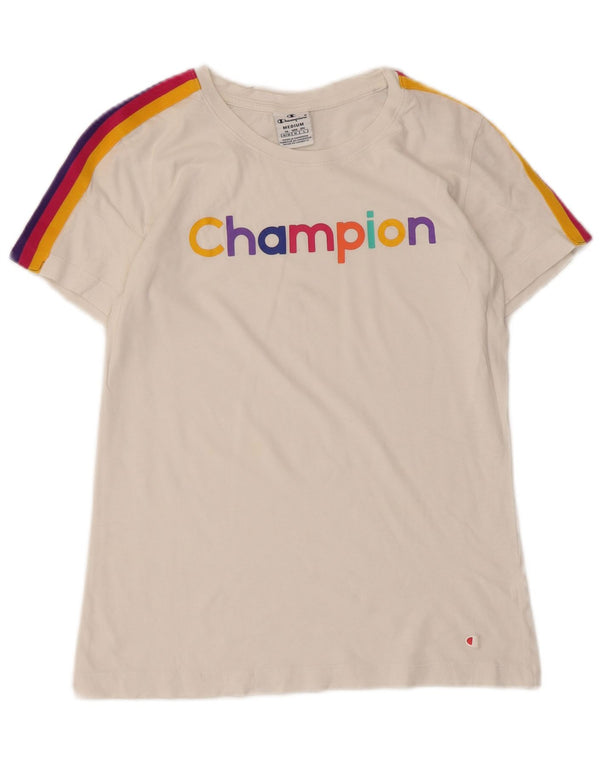 Camiseta feminina estampada Champion UK 12 listrada branca média