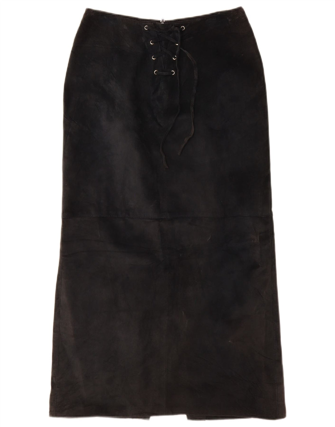 Saia maxi feminina de camurça VINTAGE Reino Unido 10 pequena W26 couro preto