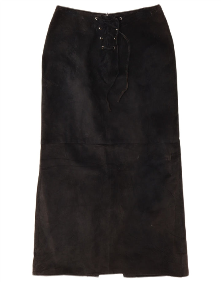 Saia maxi feminina de camurça VINTAGE Reino Unido 10 pequena W26 couro preto