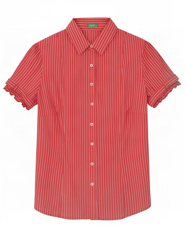 Camisa feminina de manga curta Benetton UK 14 risca de giz vermelha média