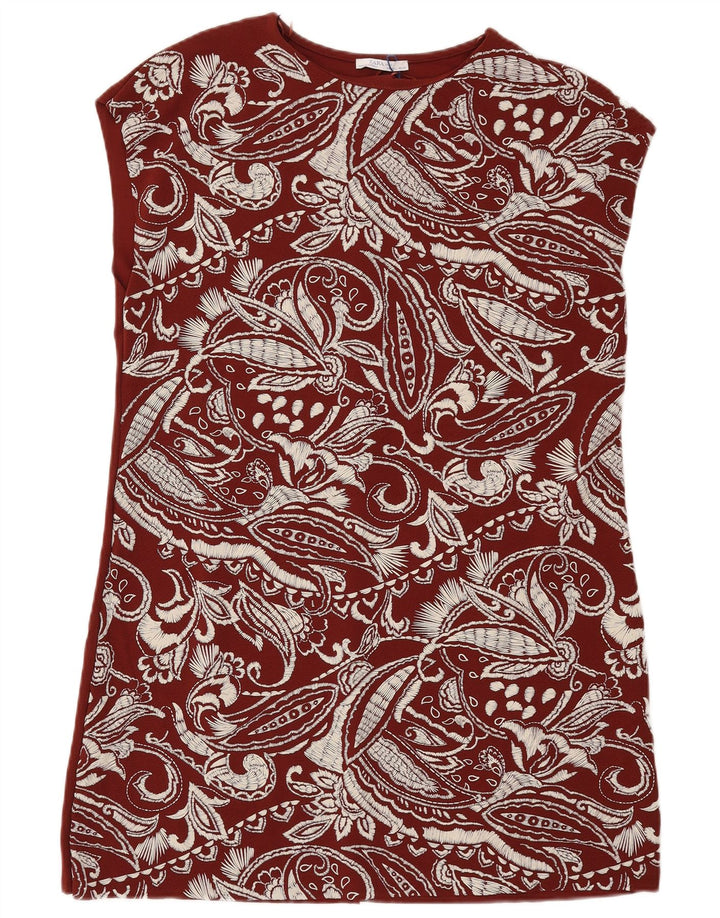 Vestido feminino ZARA UK 16 grande poliéster paisley marrom