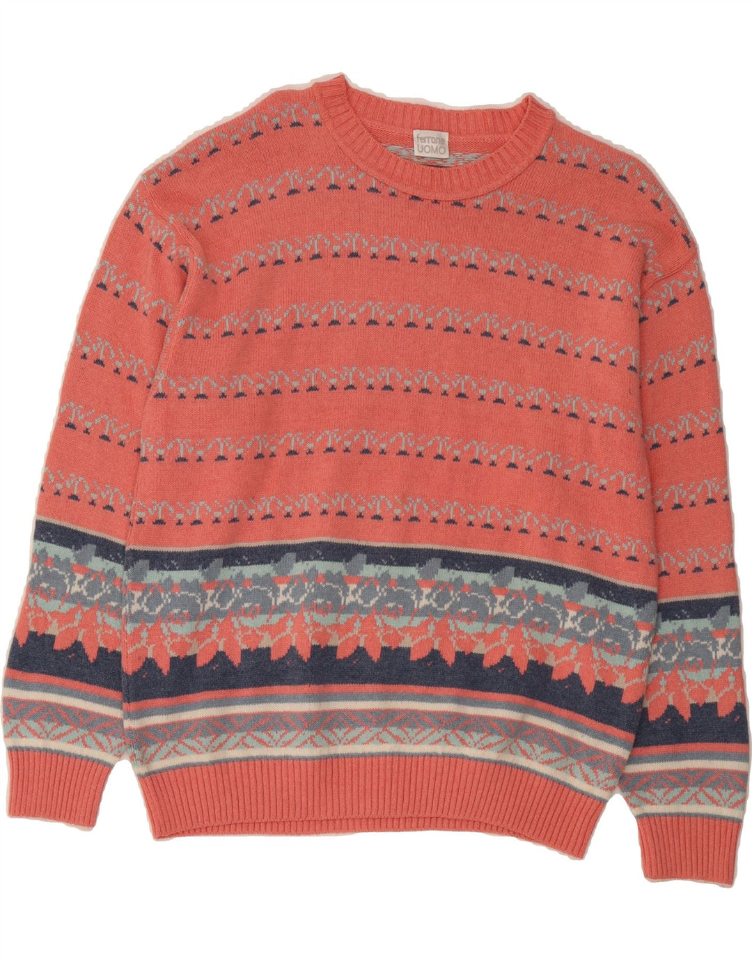 FERRONE Mens Boat Neck Jumper Sweater Large Pink Fair Isle Cotton Vintage Ferrone and Second-Hand Ferrone from Messina Hembry 