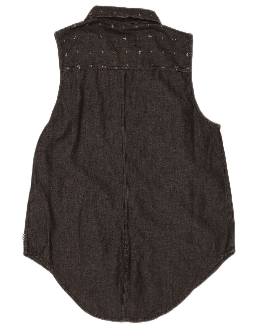 Camisa jeans feminina sem mangas VANS UK 10 pequena algodão manchado cinza