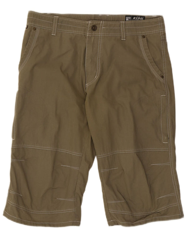 Bermuda cargo masculina vintage W34 grande algodão listrado cáqui
