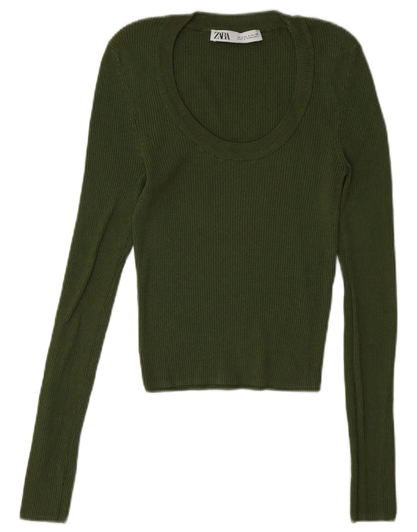 Zara Womens Slim Fit Top Manga Longa Reino Unido 8 Pequeno Verde Viscose
