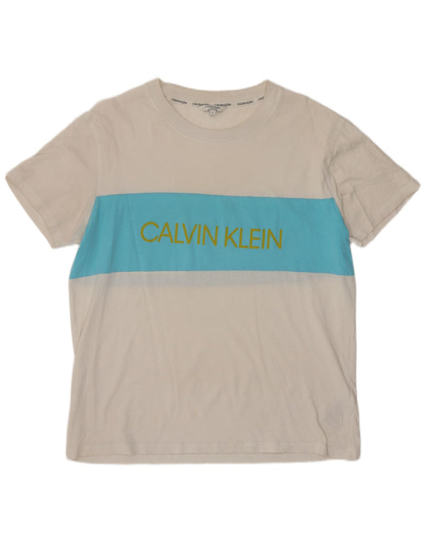 Camiseta feminina Calvin Klein com estampa gráfica UK 16 grande bloco colorido branco