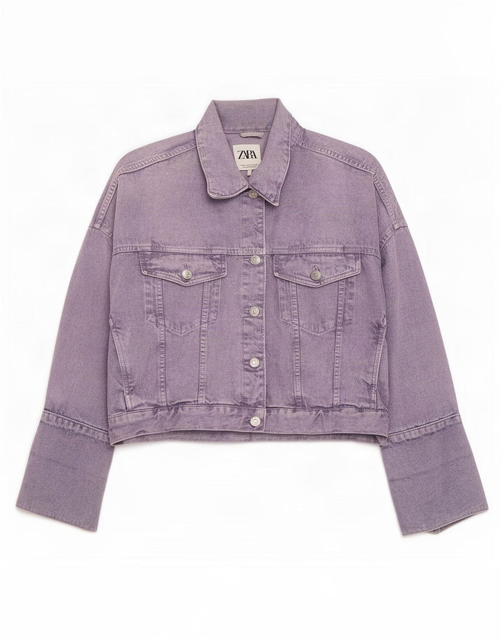 Jaqueta jeans oversized feminina Zara Reino Unido 14 algodão roxo médio