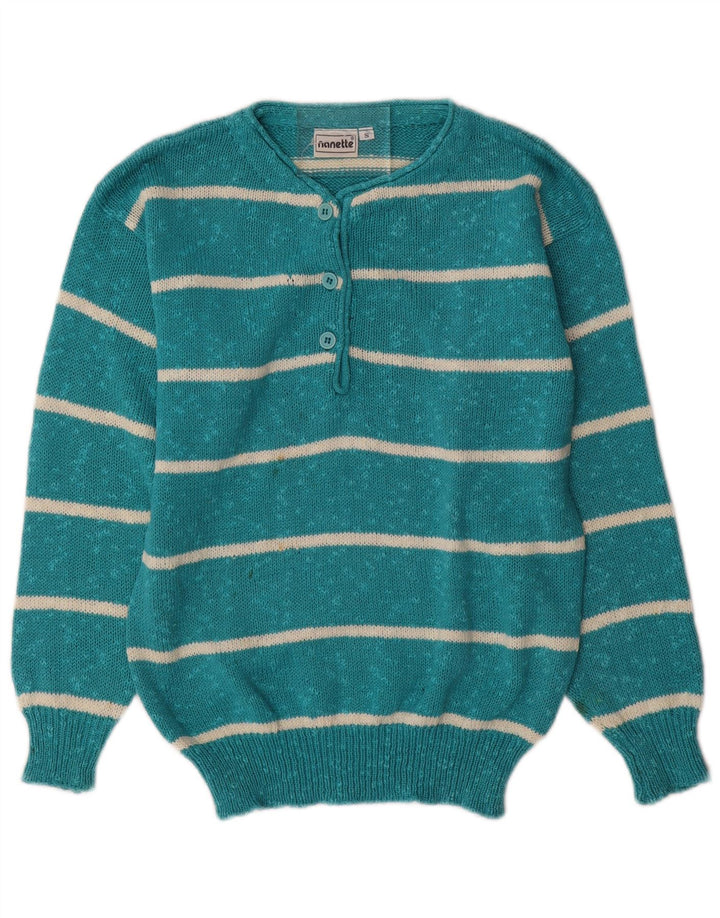 Suéter feminino Nanette com gola redonda e botão UK 10 pequeno listrado turquesa