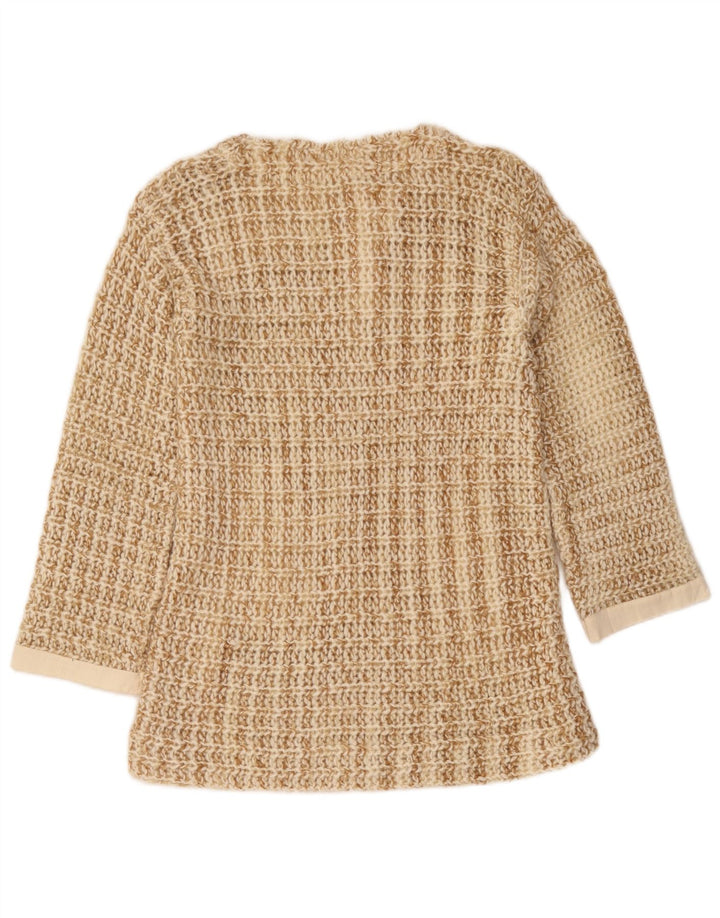 Suéter feminino vintage com gola redonda e botão UK 10 pequeno bege salpicado