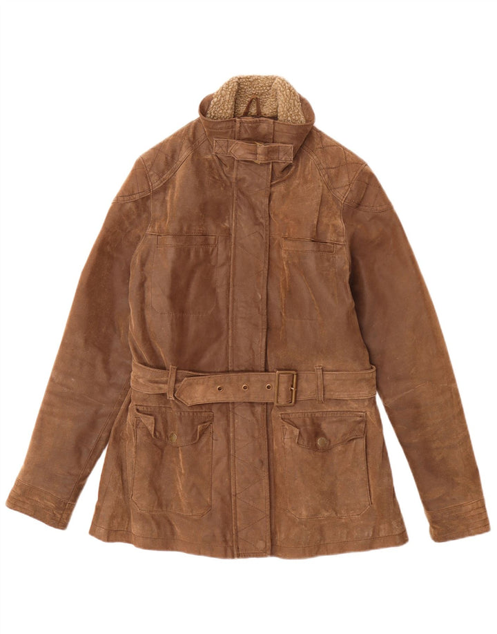 Jaqueta de couro feminina Fat Face Vintage Fit Reino Unido 12 marrom médio