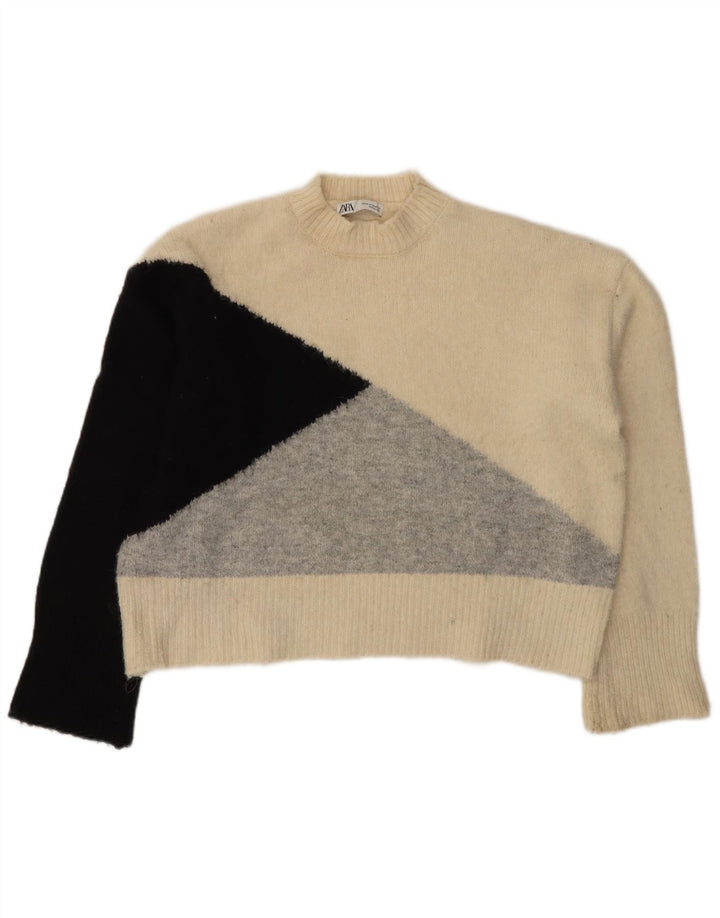 Suéter feminino Zara com gola tartaruga Reino Unido 14 bloco colorido branco médio