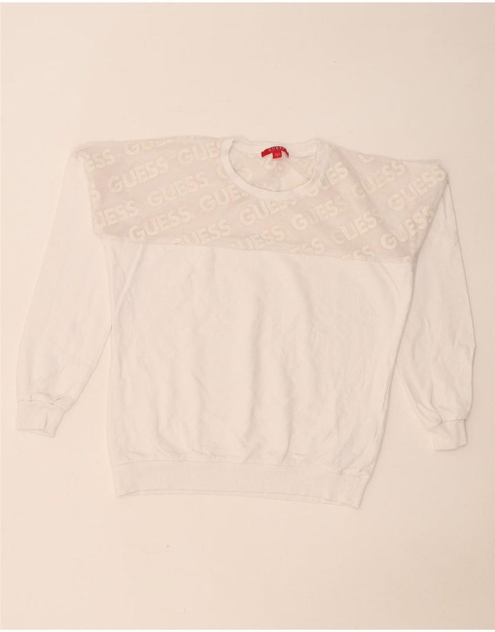 Suéter gráfico feminino Guess UK 10 pequeno bloco colorido branco