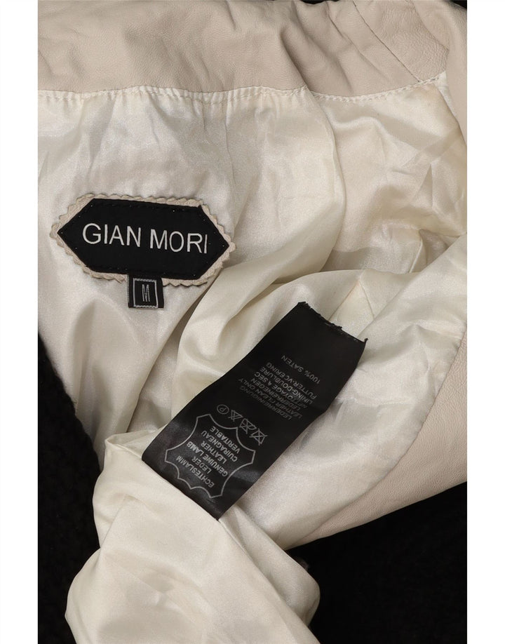 Casaco feminino GIAN MORI com capuz UK 14 médio off white couro colorblock