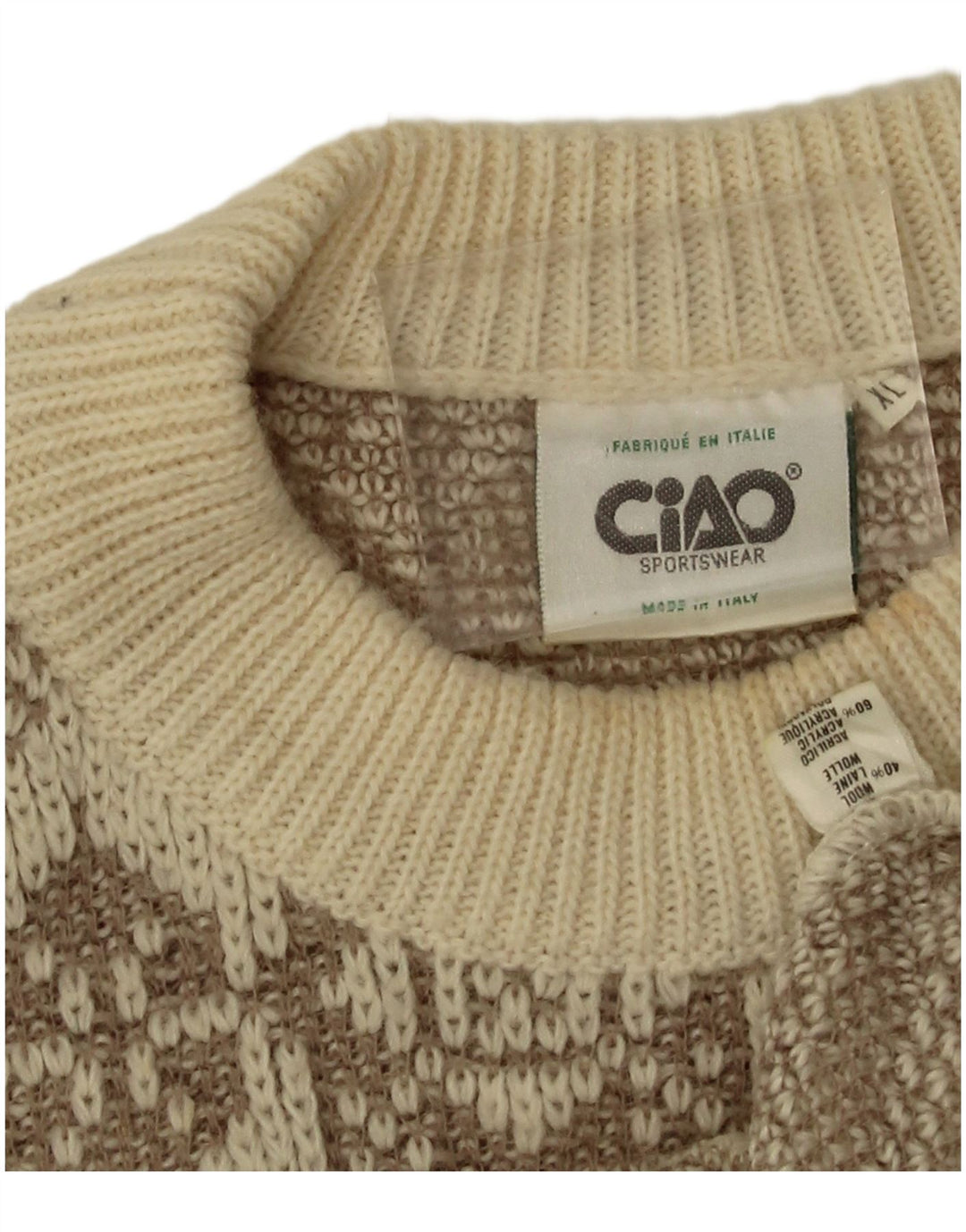 Suéter masculino Ciao com gola redonda XL de lã geométrica bege