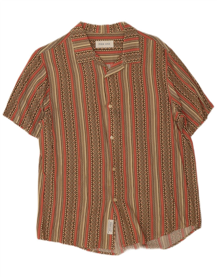 Pier One Camisa masculina de manga curta listrada cáqui média