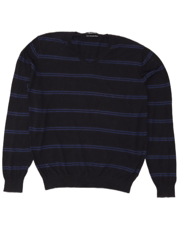Massimo Dutti Mens V-Neck Jumper Sweater Large Black Striped Cotton