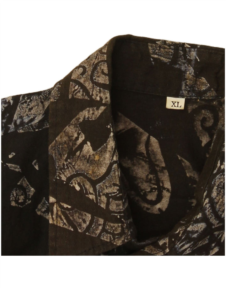 Vintage masculino abstrato Padrão camisa de manga curta XL cáqui